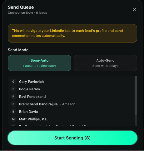 Send Queue — Start Sending connection notes