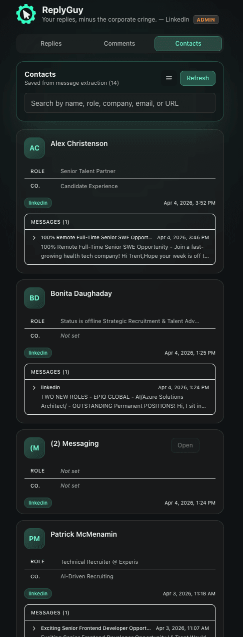 ReplyGuy Contacts showing outreach history