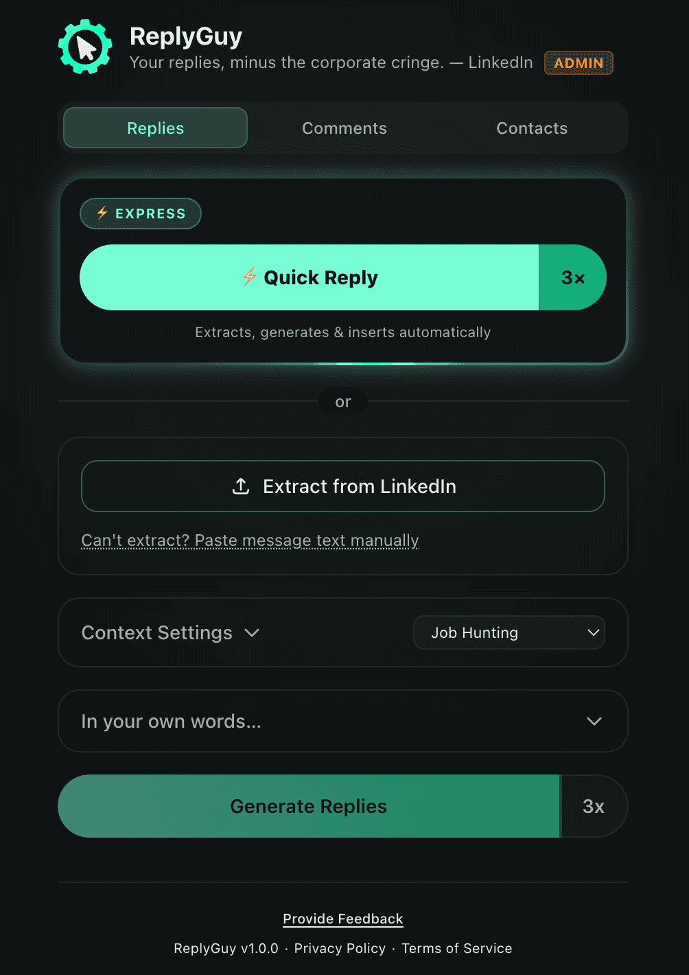 ReplyGuy Quick Reply and Generate Replies panel