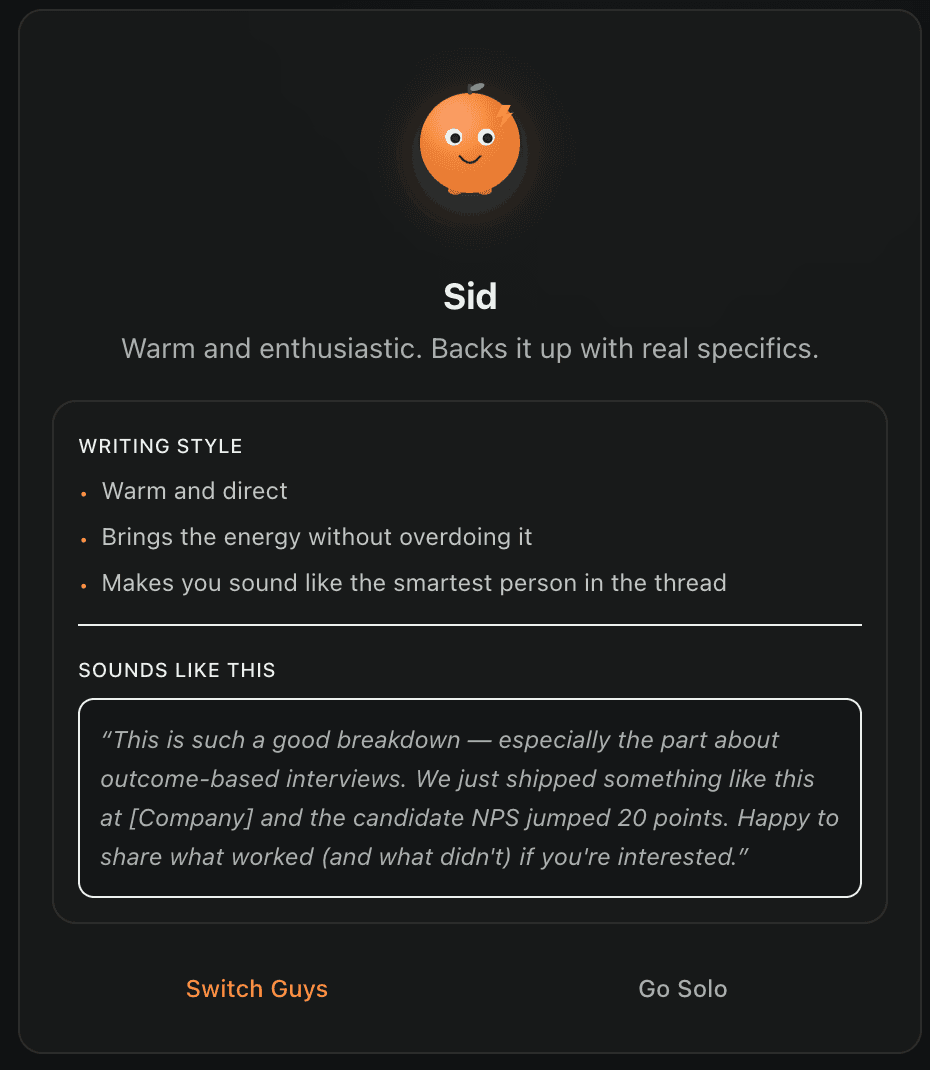 ReplyGuy Your Guy persona selector